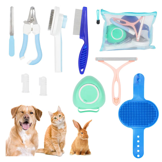 9 Pcs Dog and Cat Grooming Kit Self-Cleaning Depilatory Comb Finger Toothbrush and Bath Brush Complete Pet Care Tool Kit for Long and Short Hair Dogs and Cats for Clean Teeth and Skin
