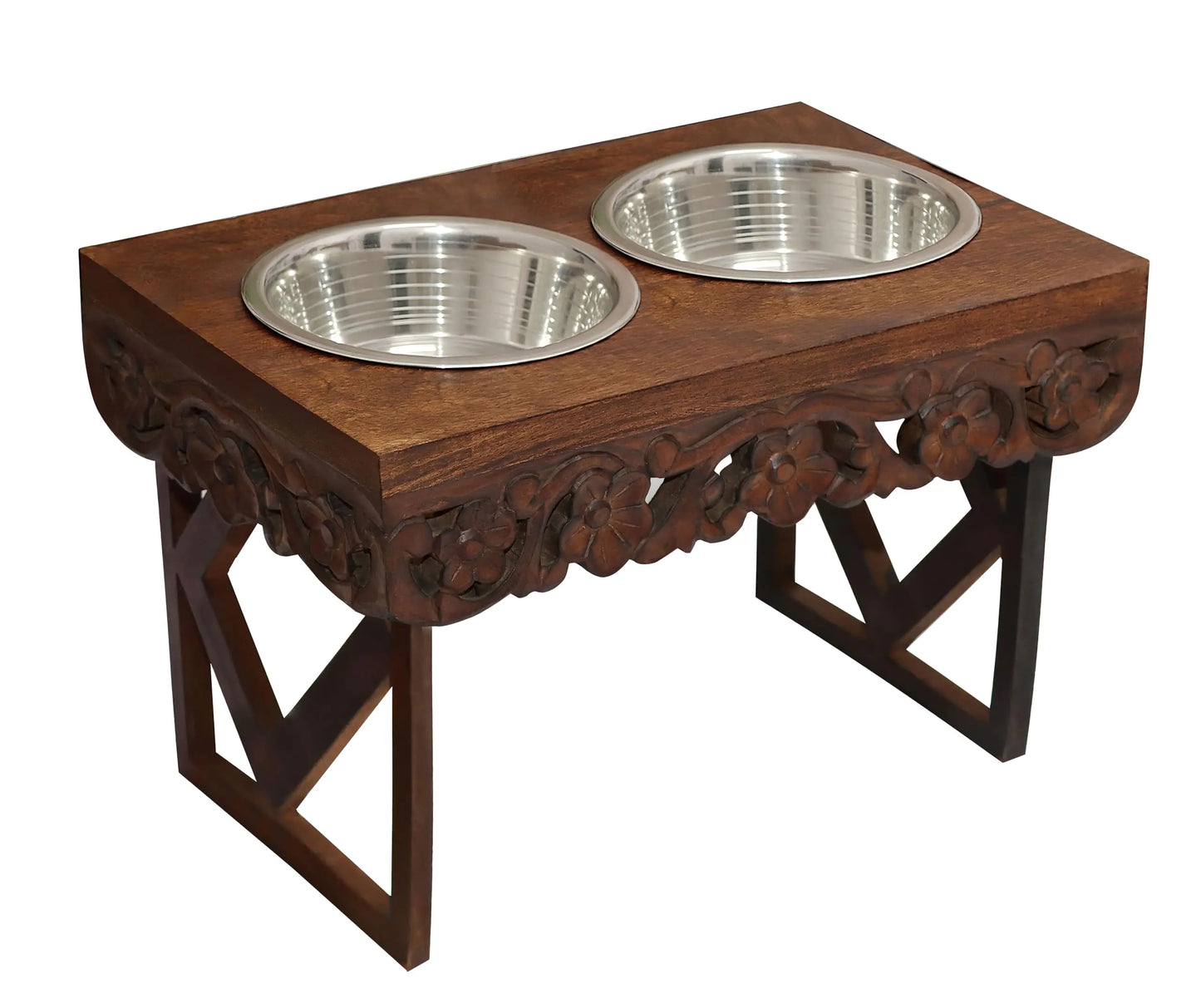 Elevated Pet Feeder for Dogs and Cats - The Bali Carved Wood Pet Feeding Stand with Two Stainless Steel Bowls - Three Heights Adjustable Raised Dog Bowl - Food Water Pet Feeding Station - IRONGATE