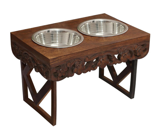Elevated Pet Feeder for Dogs and Cats - The Bali Carved Wood Pet Feeding Stand with Two Stainless Steel Bowls - Three Heights Adjustable Raised Dog Bowl - Food Water Pet Feeding Station - IRONGATE